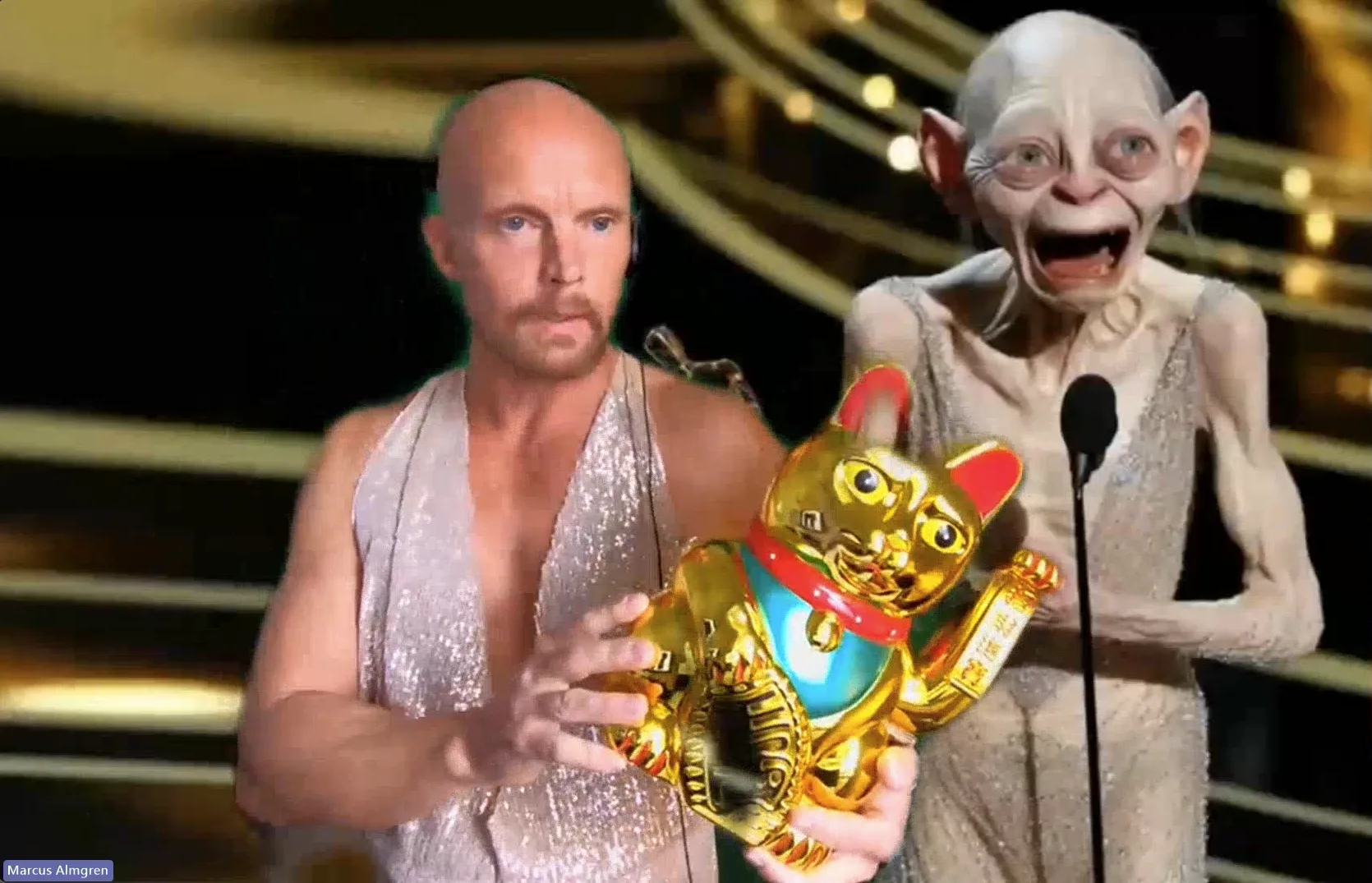 Marcus dressed with a sequins dress handing the hackathon price