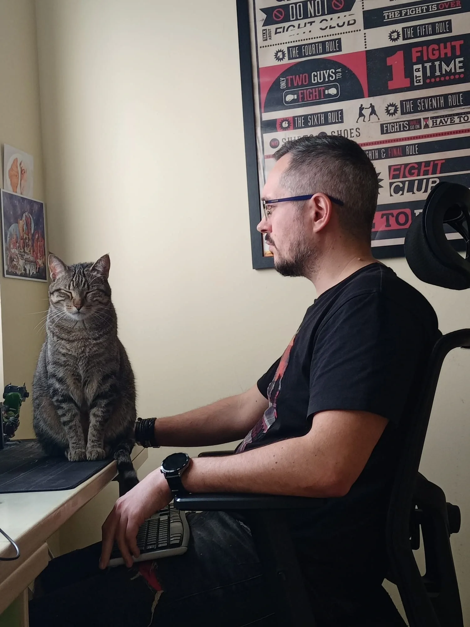 Abraham walking from home with his cat